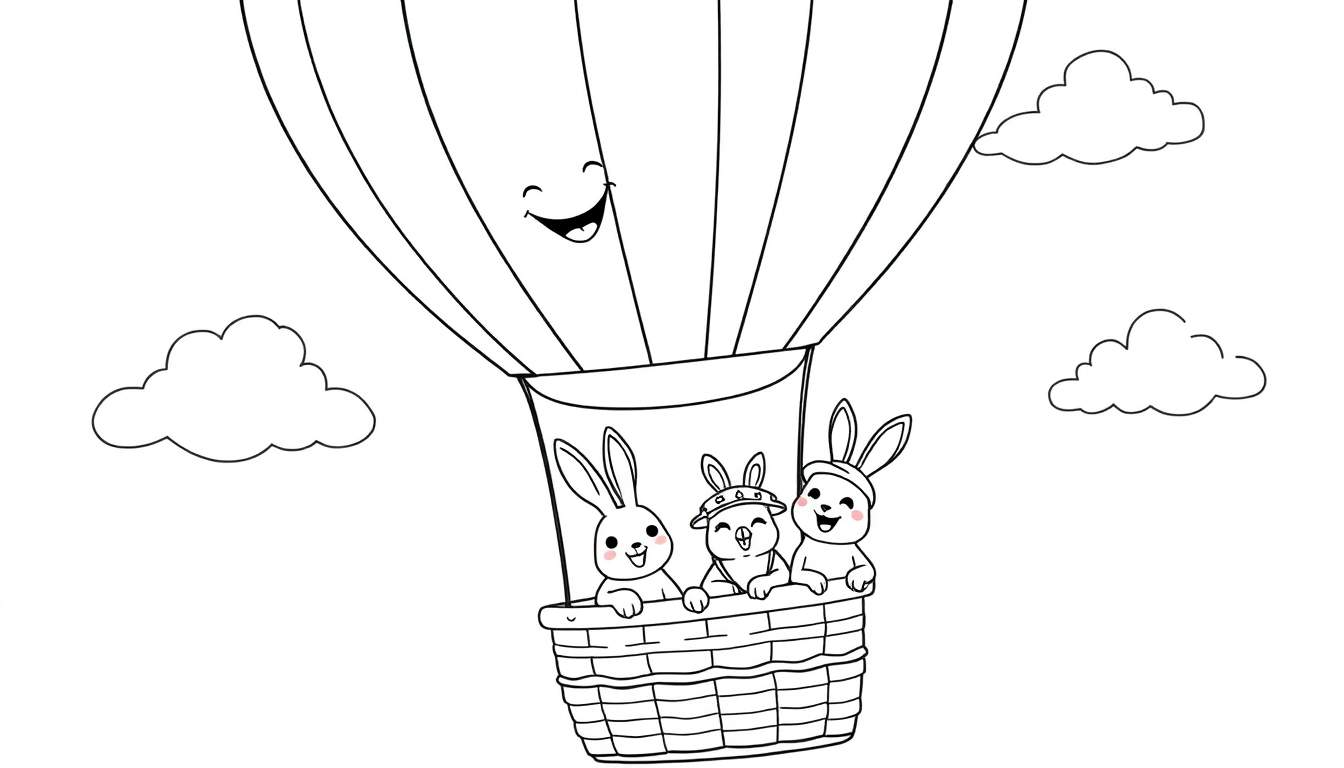 Dibujo lineal en blanco y negro de un globo aerostático sonriente con tres conejos felices en su canasta, uno de ellos con sombrero, y nubes en el cielo.