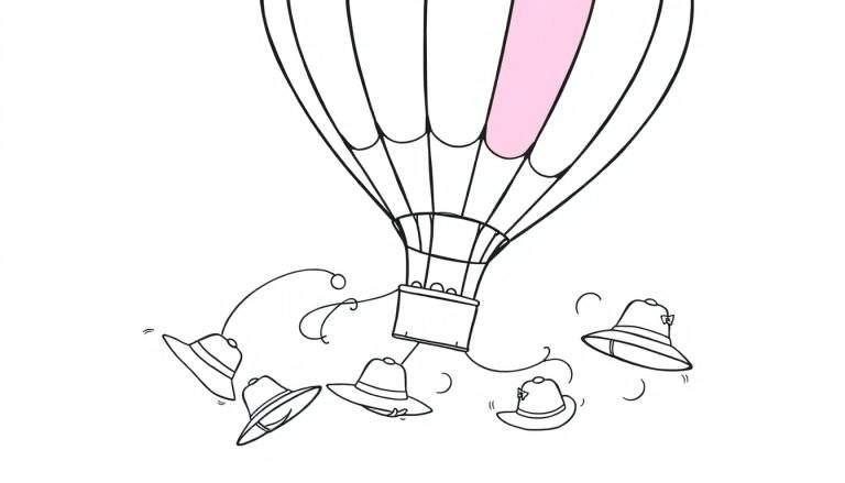 Página para colorear de un globo aerostático blanco y rosa con sombreros colgando de su cesta.