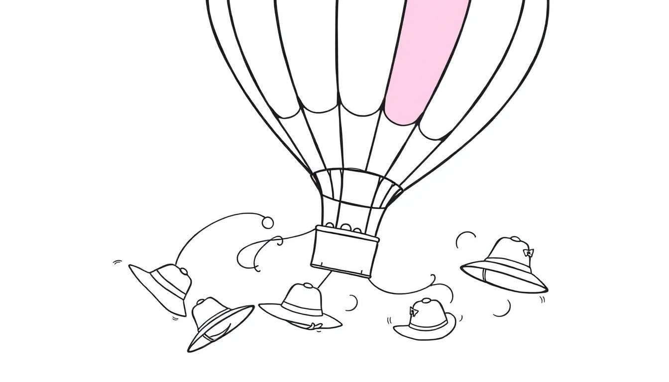 Página para colorear de un globo aerostático blanco y rosa con sombreros colgando de su cesta.