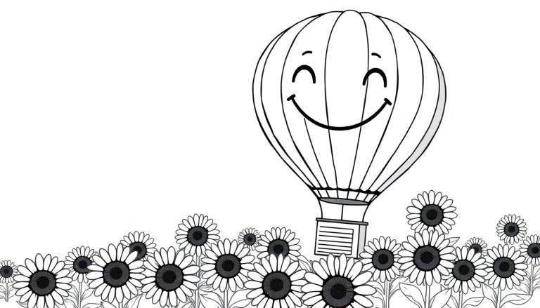 Ilustración en blanco y negro de un globo aerostático con cara sonriente flotando sobre un campo de girasoles.
