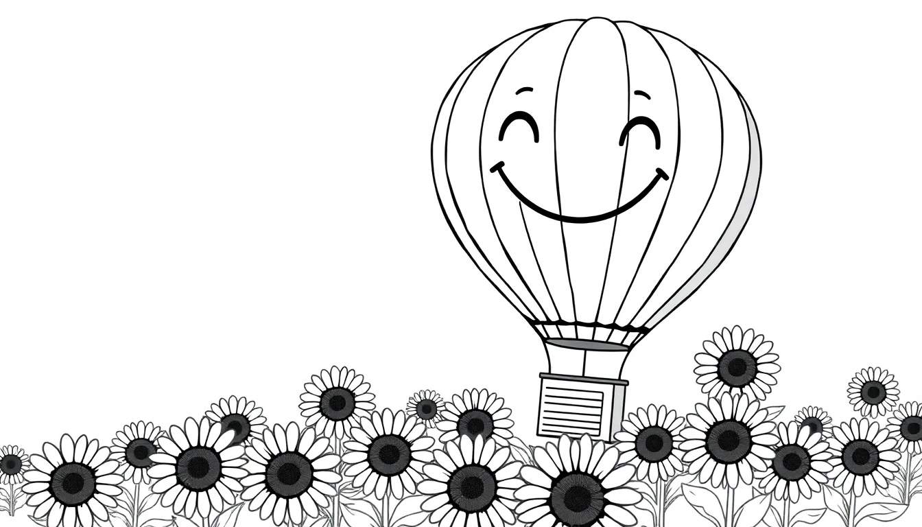 Ilustración en blanco y negro de un globo aerostático con cara sonriente flotando sobre un campo de girasoles.