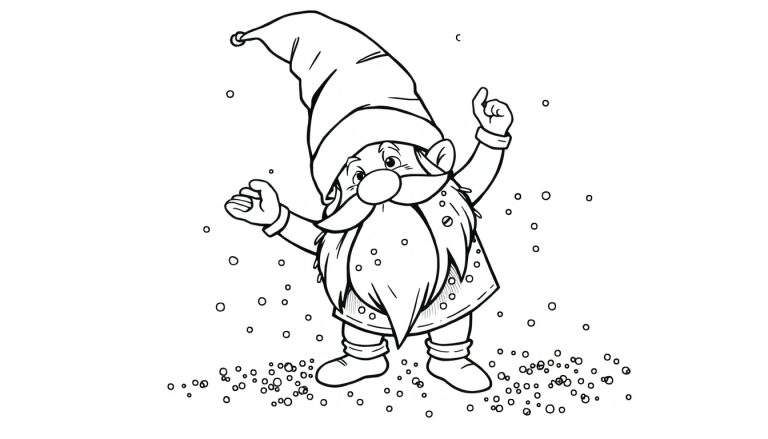Dibujo lineal en blanco y negro de un gnomo sonriente con gorro puntiagudo y barba larga, rodeado de copos de nieve.
