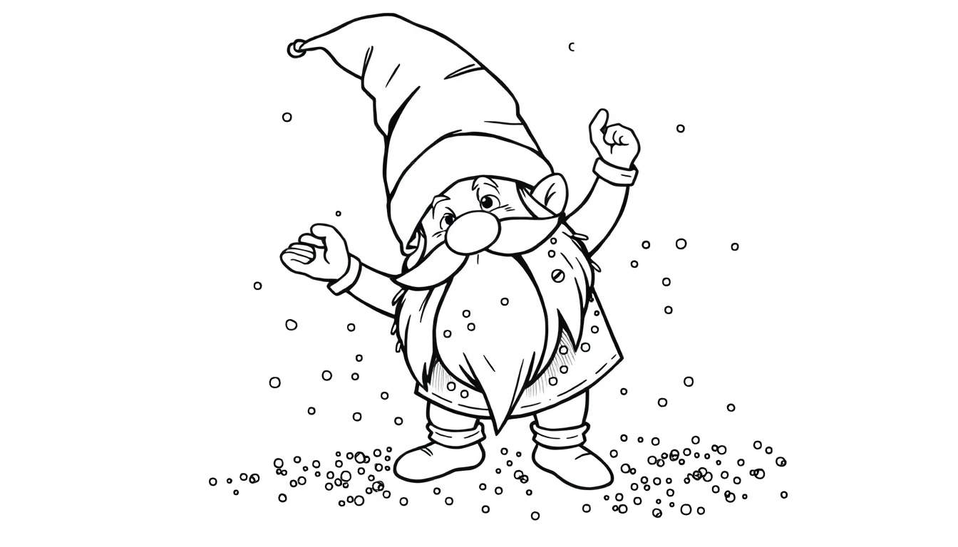 Dibujo lineal en blanco y negro de un gnomo sonriente con gorro puntiagudo y barba larga, rodeado de copos de nieve.