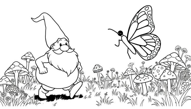 Un gnomo sonriente camina por un campo lleno de setas de colores, con una mariposa revoloteando cerca.