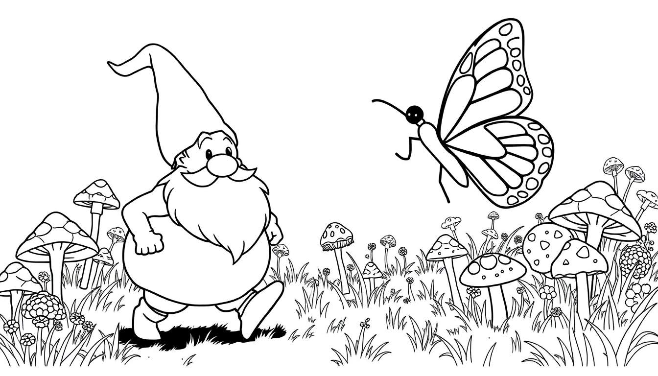 Un gnomo sonriente camina por un campo lleno de setas de colores, con una mariposa revoloteando cerca.