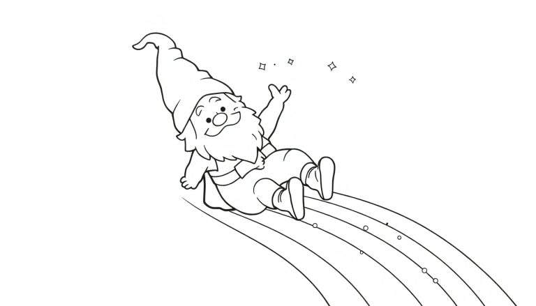 Dibujo lineal para colorear de un gnomo feliz deslizándose por un arcoíris con estrellas y círculos.