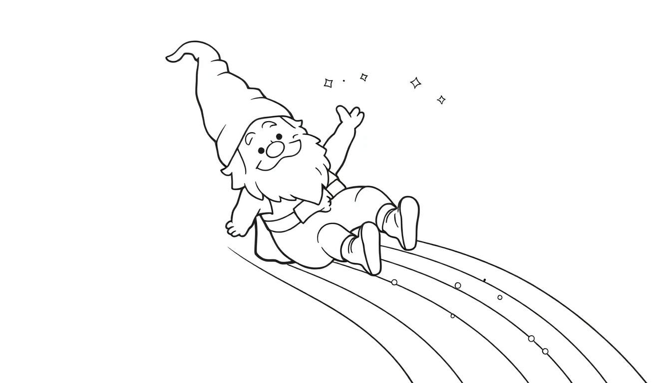 Dibujo lineal para colorear de un gnomo feliz deslizándose por un arcoíris con estrellas y círculos.
