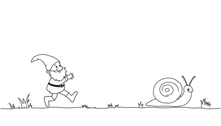 Dibujo lineal de un gnomo corriendo en un prado verde con un caracol a su derecha.