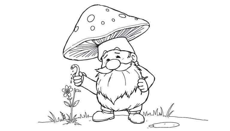 Página para colorear de un gnomo de jardín con sombrero de hongo y barba regando una flor.