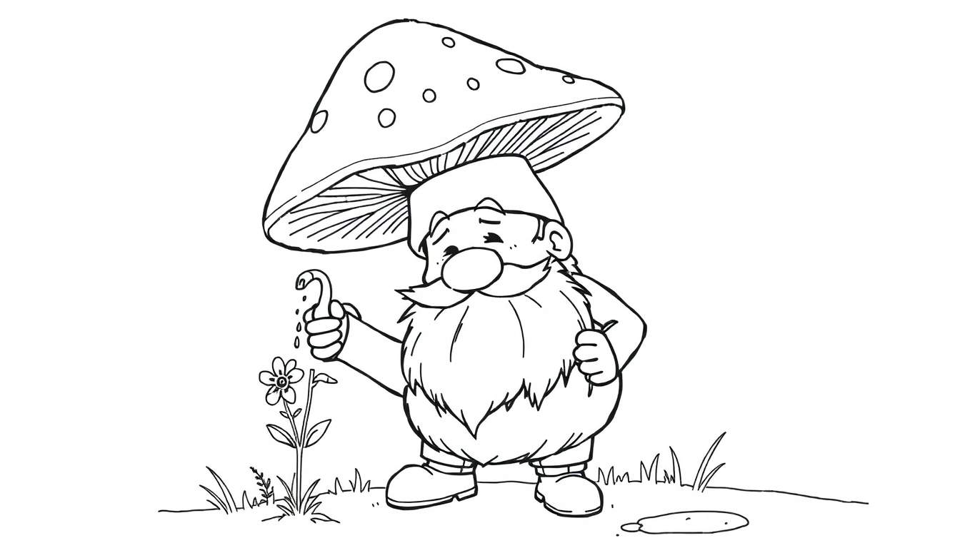 Página para colorear de un gnomo de jardín con sombrero de hongo y barba regando una flor.