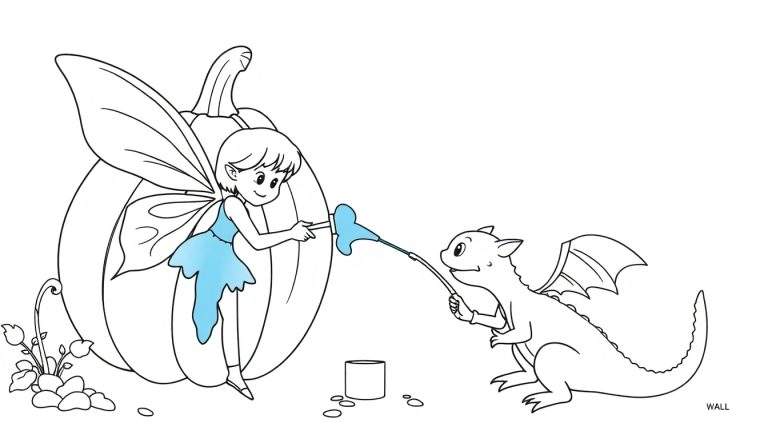Ilustración lineal de un hada y un dragón pintando una calabaza, ideal para colorear.