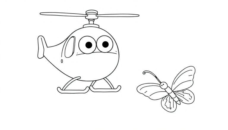 Dibujo lineal de un helicóptero de dibujos animados con ojos grandes y una mariposa para colorear.