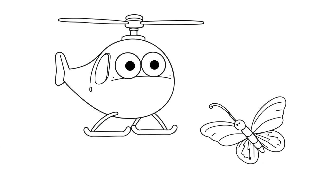 Dibujo lineal de un helicóptero de dibujos animados con ojos grandes y una mariposa para colorear.