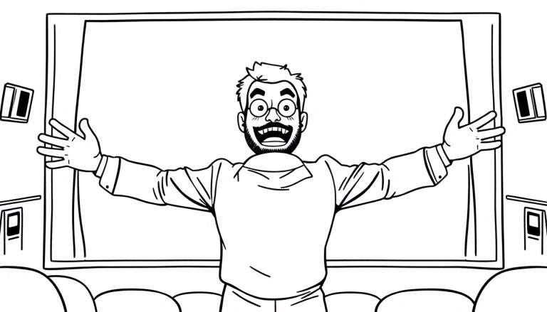 Dibujo a blanco y negro de un hombre feliz con gafas y barba, brazos extendidos, frente a una pantalla de cine y abriendo las cortinas.