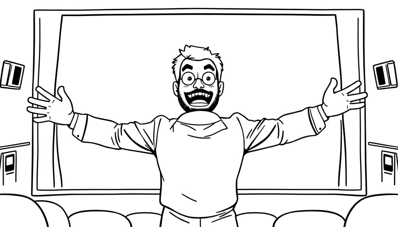 Dibujo a blanco y negro de un hombre feliz con gafas y barba, brazos extendidos, frente a una pantalla de cine y abriendo las cortinas.