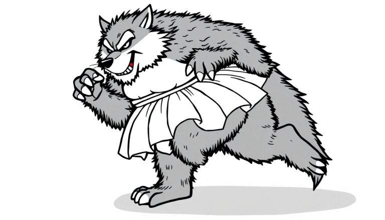 Dibujo de un hombre lobo malvado con pelo gris y un tutú blanco posando para colorear.