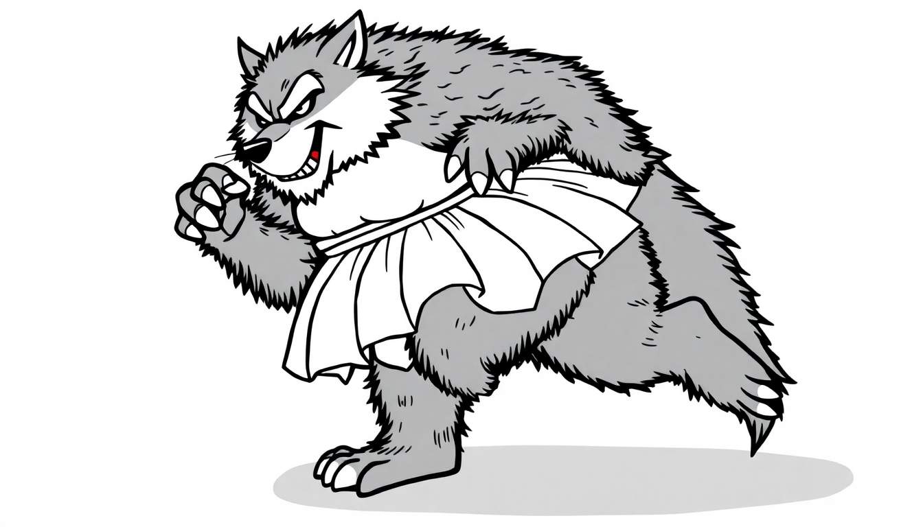 Dibujo de un hombre lobo malvado con pelo gris y un tutú blanco posando para colorear.