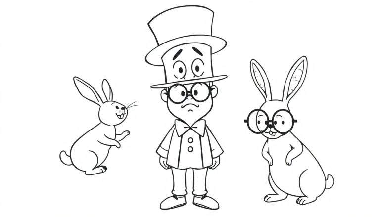 Página para colorear de un hombre elegante con sombrero de copa y dos conejos con gafas. El conejo de la izquierda salta y el de la derecha tiene las patas en la cintura.