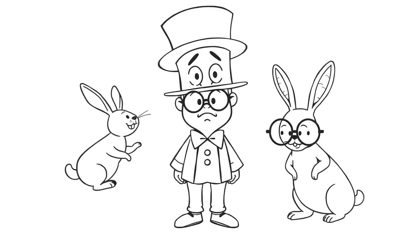 Página para colorear de un hombre elegante con sombrero de copa y dos conejos con gafas. El conejo de la izquierda salta y el de la derecha tiene las patas en la cintura.