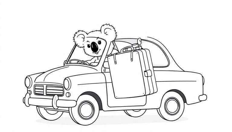 Koala conduciendo un coche clásico con una maleta a su lado, página para colorear.