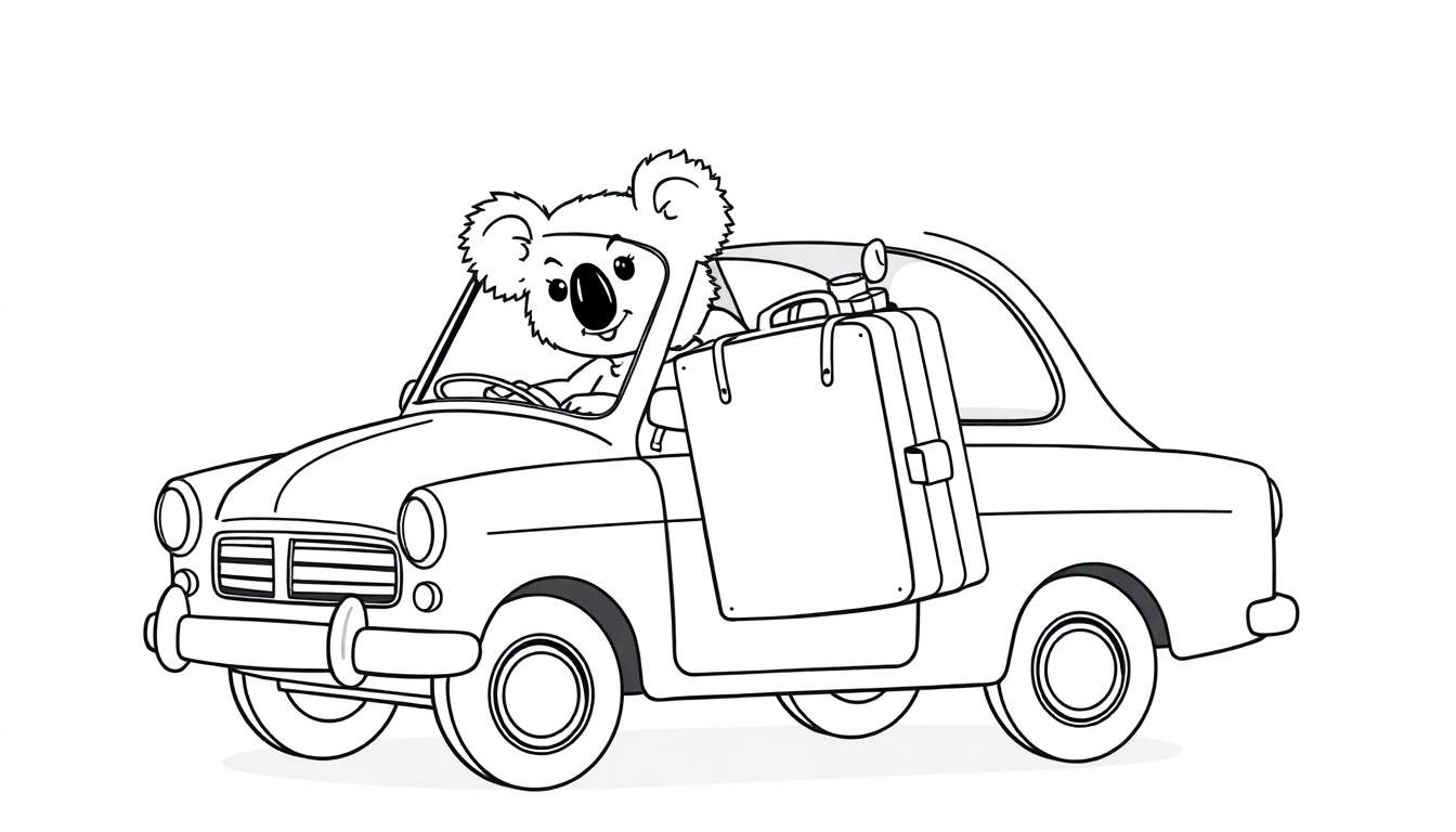 Koala conduciendo un coche clásico con una maleta a su lado, página para colorear.