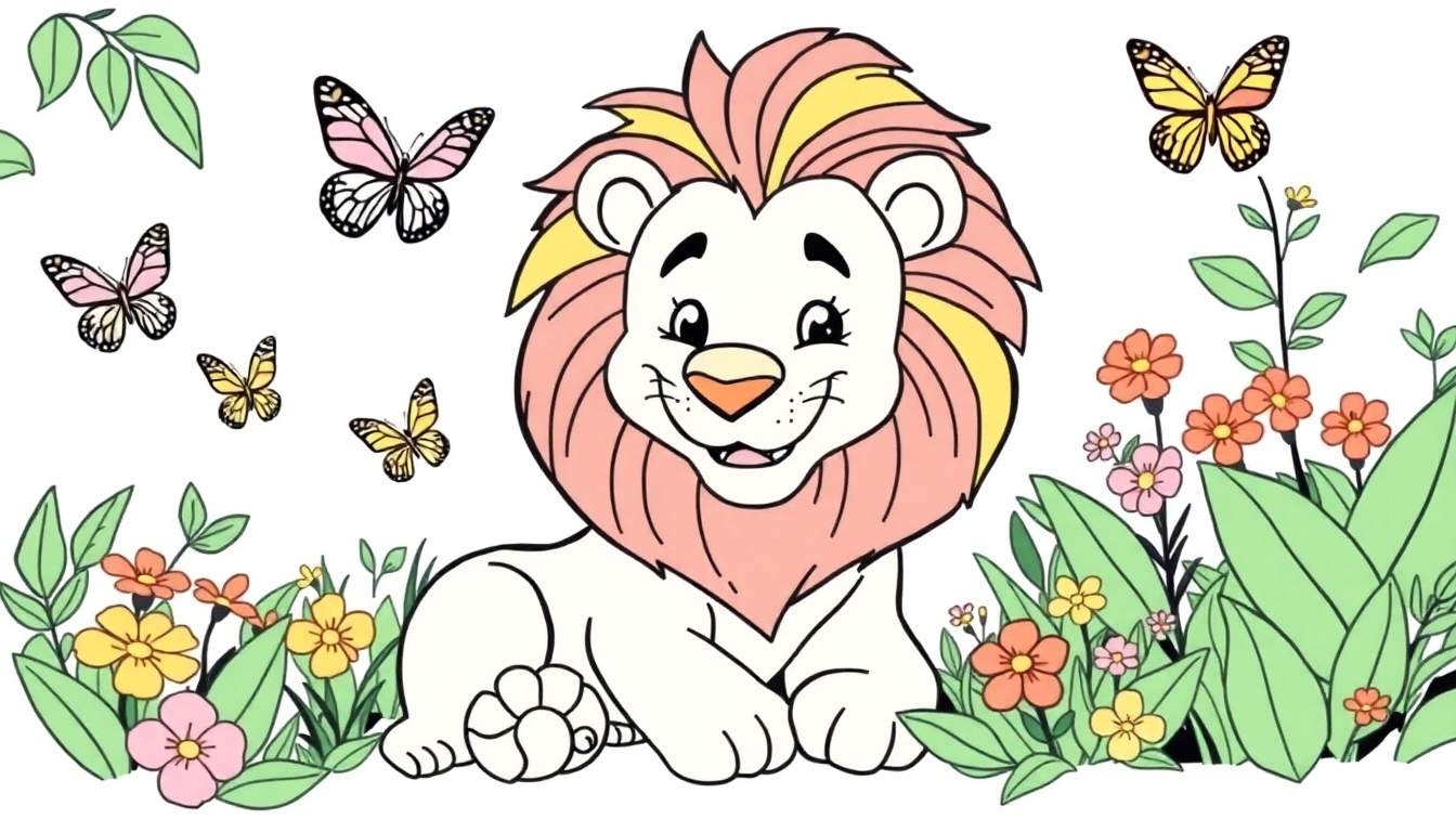 Página para colorear de un león joven y sonriente con melena rosa y amarilla, sentado entre flores coloridas y mariposas.