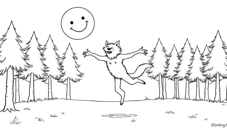 Página para colorear de un lobo saltando felizmente en un bosque con un sol sonriente.