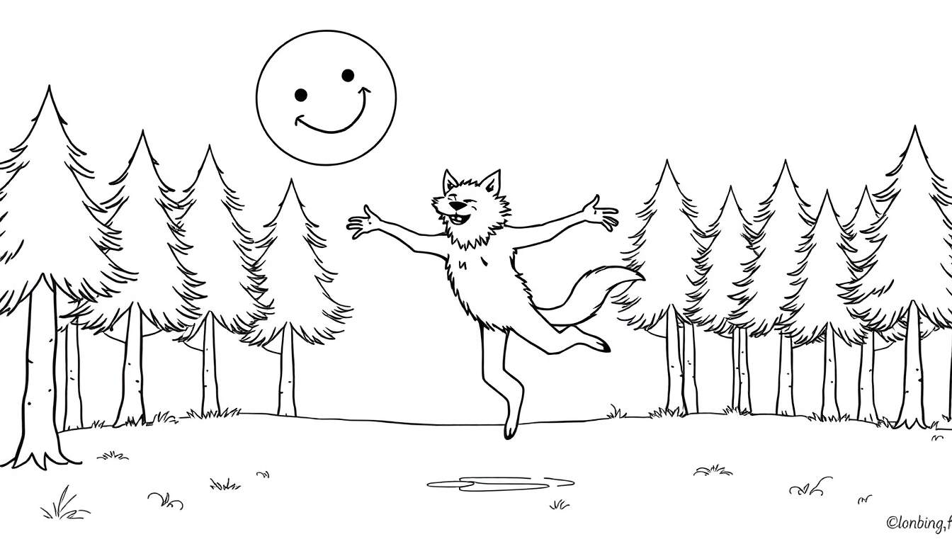Página para colorear de un lobo saltando felizmente en un bosque con un sol sonriente.