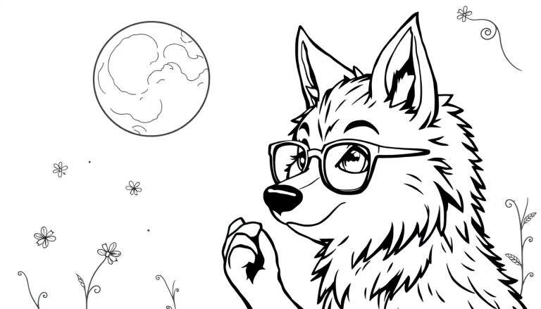 Ilustración para colorear de un lobo con gafas azules mirando la luna llena. El lobo junta sus patas delanteras, y hay flores pequeñas, hojas y zarcillos de plantas en el fondo.