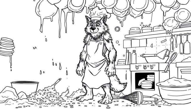 Página para colorear de un lobo chef con delantal y gorro, en una cocina desordenada con panqueques cayéndose y masa derramada.