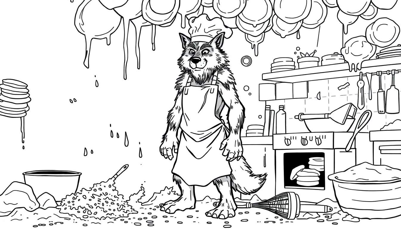 Página para colorear de un lobo chef con delantal y gorro, en una cocina desordenada con panqueques cayéndose y masa derramada.