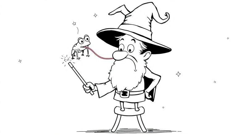 Ilustración para colorear de un mago anciano con barba, sombrero de mago y traje, sentado en un taburete y usando su varita mágica para capturar una rana con su lengua extendida. Estrellas flotan en el fondo.