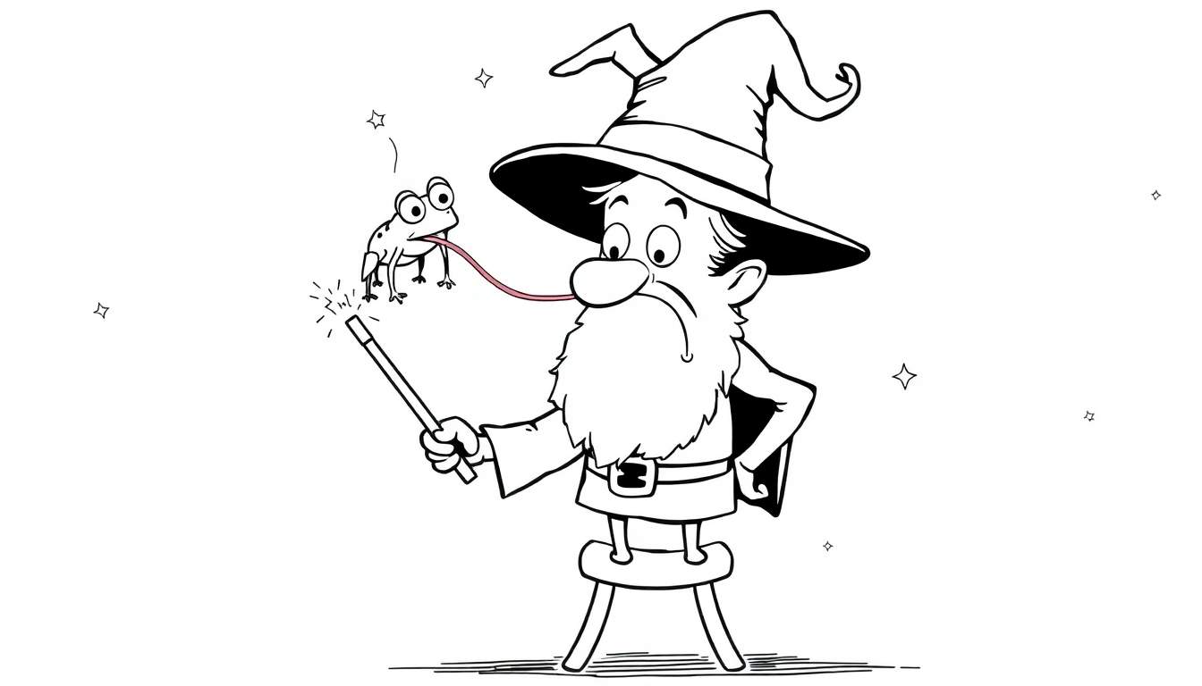 Ilustración para colorear de un mago anciano con barba, sombrero de mago y traje, sentado en un taburete y usando su varita mágica para capturar una rana con su lengua extendida. Estrellas flotan en el fondo.