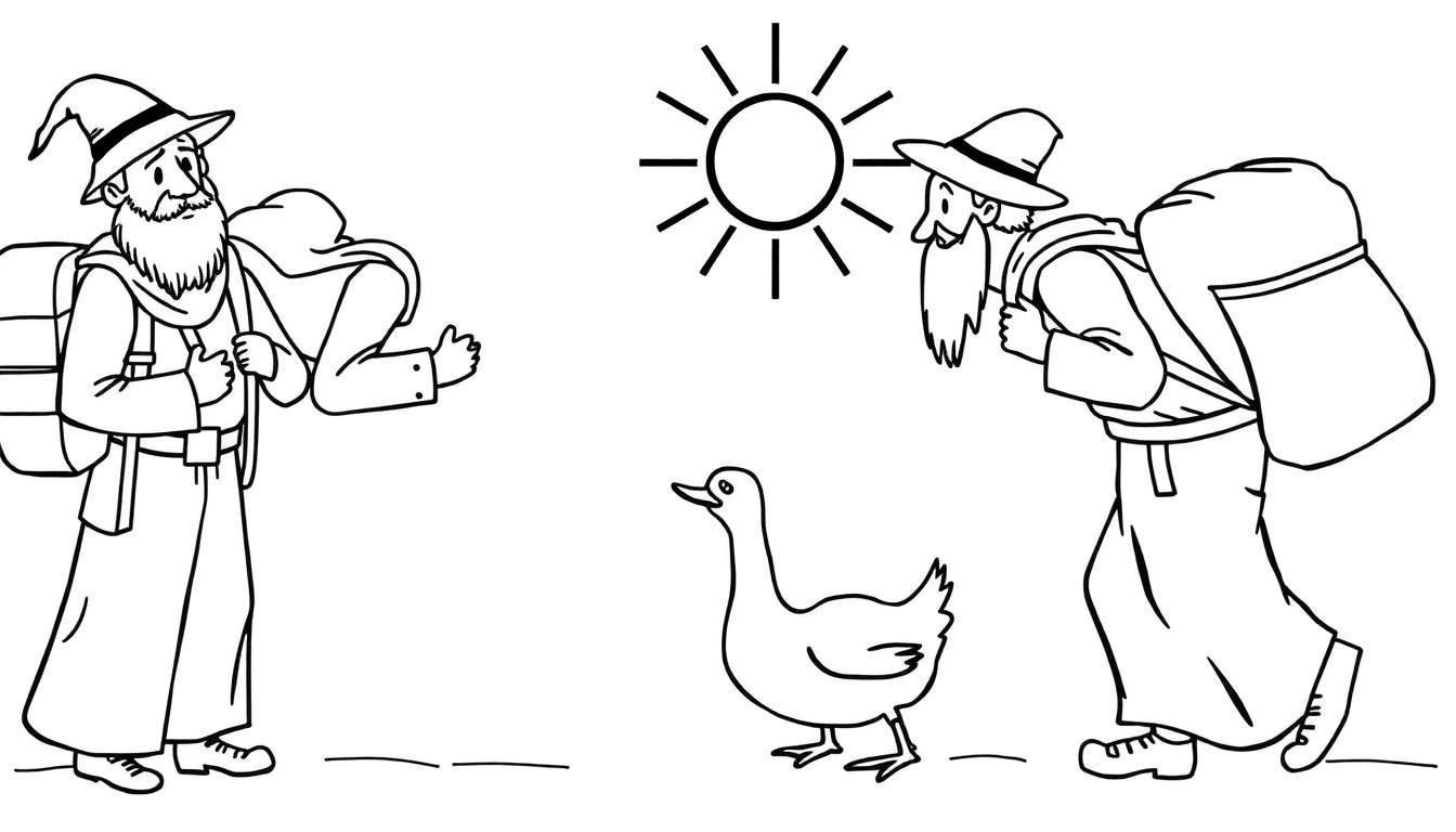 Dibujo para colorear de dos magos con mochilas, un pato caminando y un sol. El mago de la izquierda levanta el pulgar.