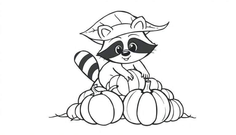 Imagen para colorear de un mapache de dibujos animados con sombrero de hoja sentado en calabazas.