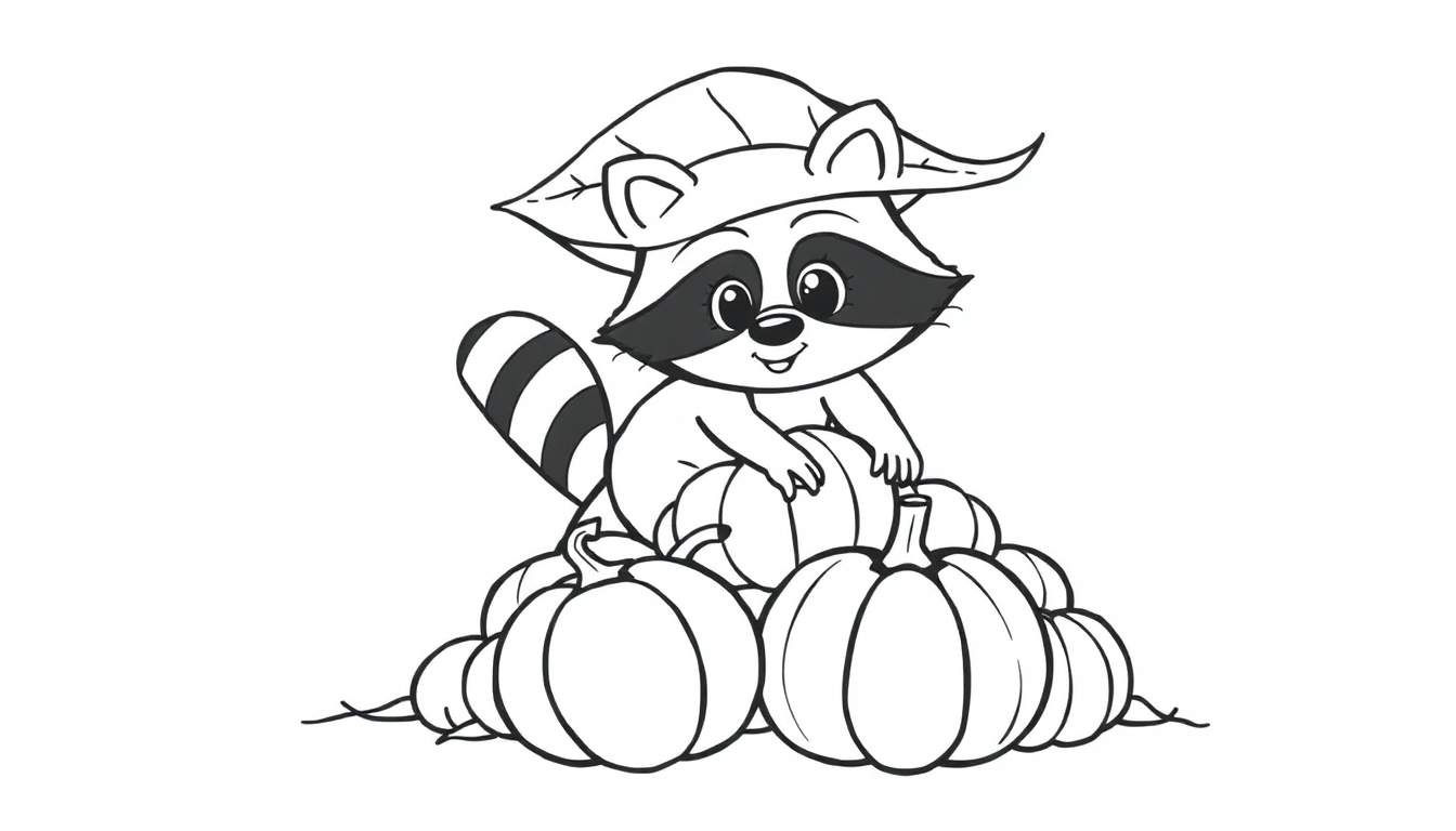 Imagen para colorear de un mapache de dibujos animados con sombrero de hoja sentado en calabazas.