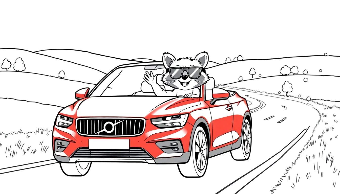 Mapache con gafas de sol saludando mientras conduce un coche rojo descapotable, rodeado de colinas en una página para colorear.