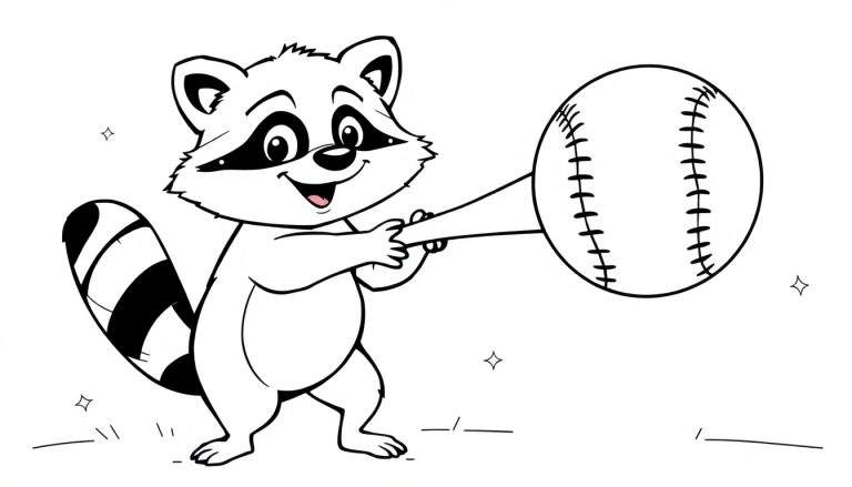 Dibujo de un mapache alegre listo para lanzar una pelota de béisbol, para colorear.