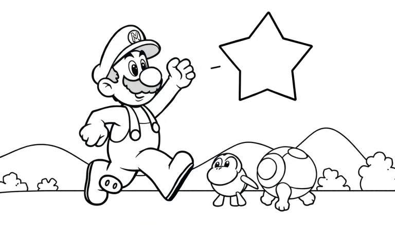 Página para colorear de Mario corriendo hacia una estrella, perseguido por dos Koopa Troopas, con colinas y arbustos de fondo.
