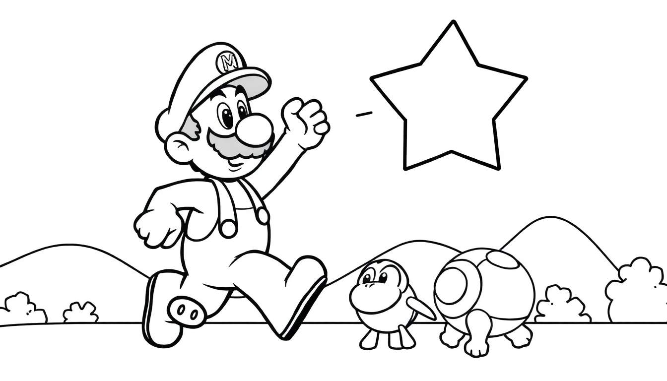 Página para colorear de Mario corriendo hacia una estrella, perseguido por dos Koopa Troopas, con colinas y arbustos de fondo.