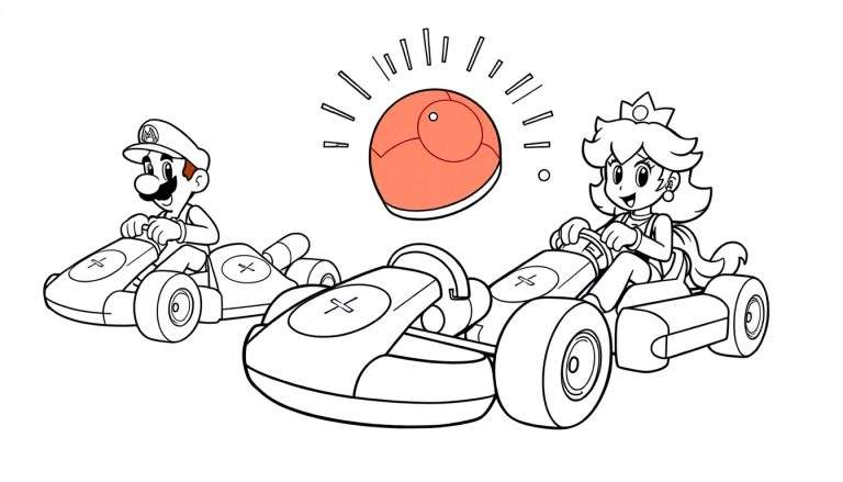 Ilustración para colorear de Mario y la Princesa Peach sonriendo mientras corren en karts con un objeto naranja brillante en el aire.