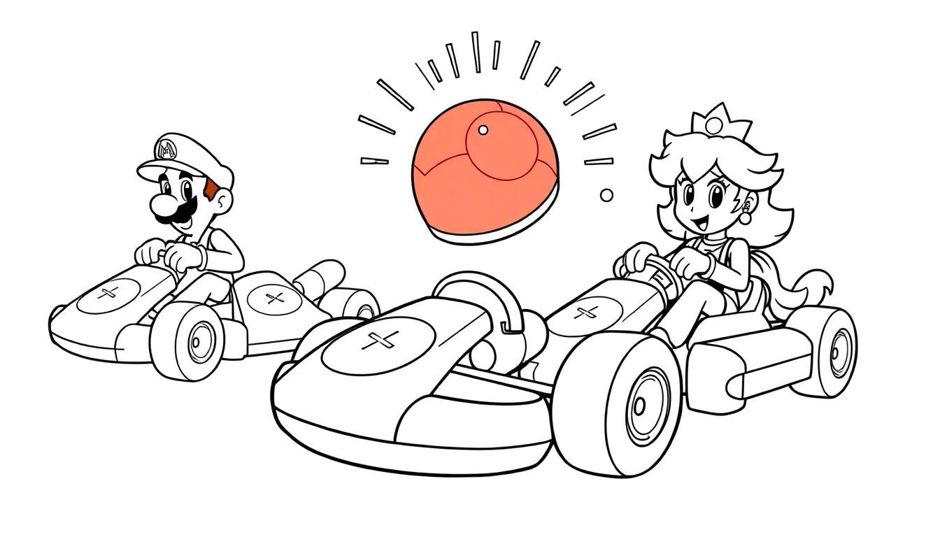 Ilustración para colorear de Mario y la Princesa Peach sonriendo mientras corren en karts con un objeto naranja brillante en el aire.