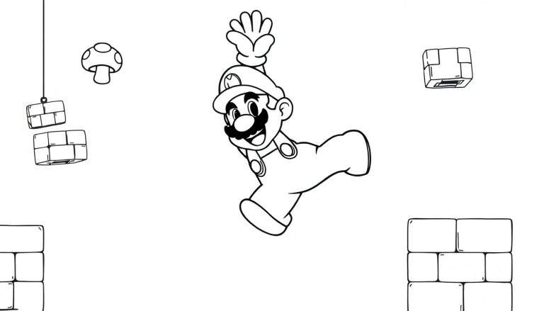 Imagen para colorear de Mario saltando hacia arriba, con bloques de interrogación y un Super Champiñón a su alrededor.