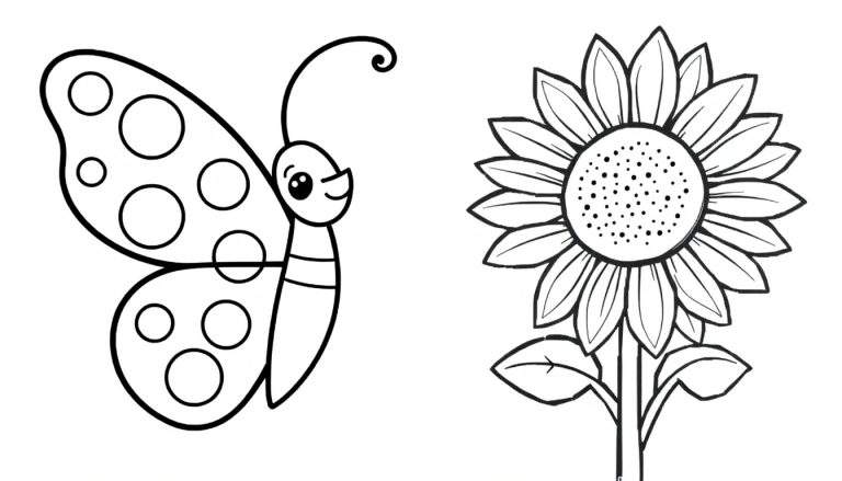 Dibujo a blanco y negro de una mariposa con alas grandes y un girasol con pétalos y hojas, listo para colorear.