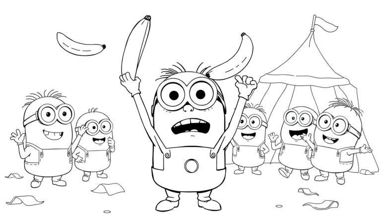 Dibujo de varios Minions sonriendo y divirtiéndose, uno sosteniendo un plátano, con un fondo de carpa de circo y confeti.