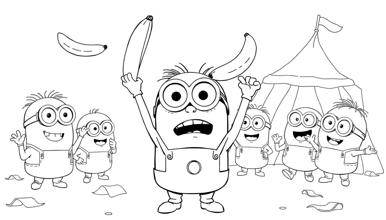 Dibujo de varios Minions sonriendo y divirtiéndose, uno sosteniendo un plátano, con un fondo de carpa de circo y confeti.