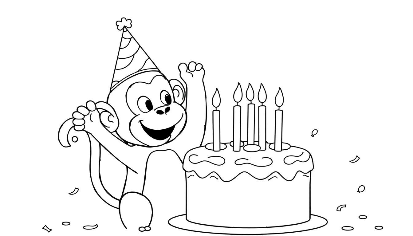 Un mono sonriente con un gorro de fiesta, delante de un pastel con cinco velas encendidas y confeti, listo para ser coloreado.