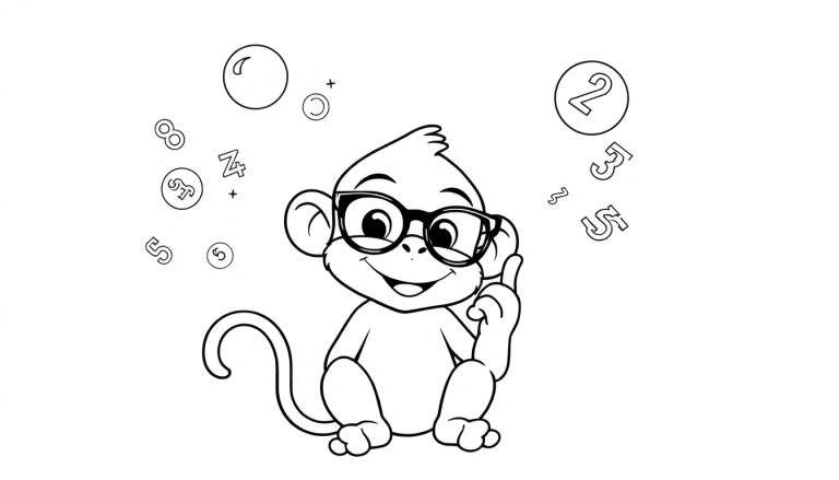 Página para colorear de un mono de dibujos animados con gafas sentado y pensando, rodeado de números y burbujas.