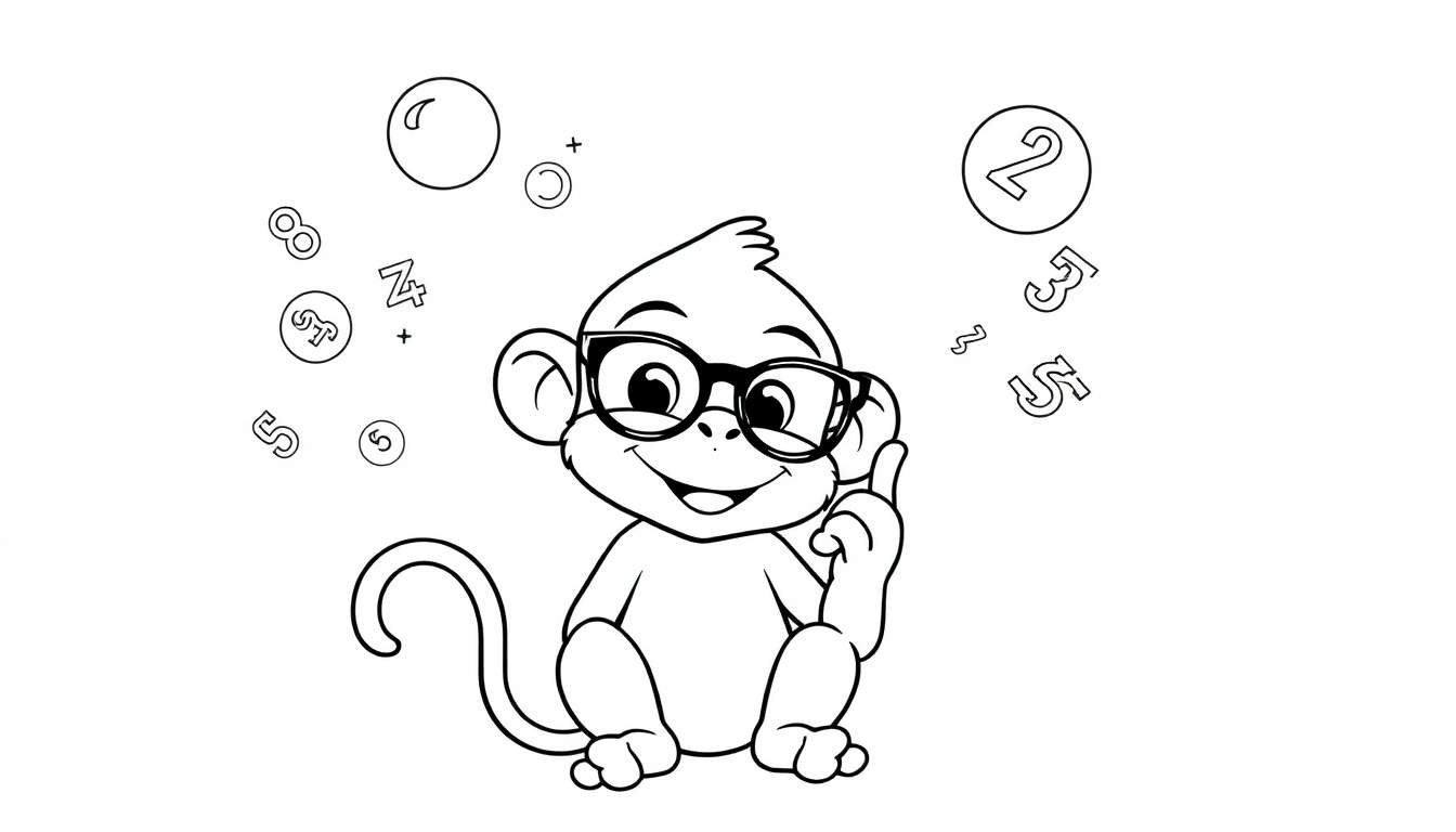 Página para colorear de un mono de dibujos animados con gafas sentado y pensando, rodeado de números y burbujas.