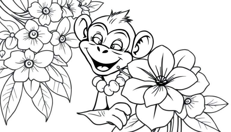 Página para colorear de un mono sonriente con collar de perlas y flores.